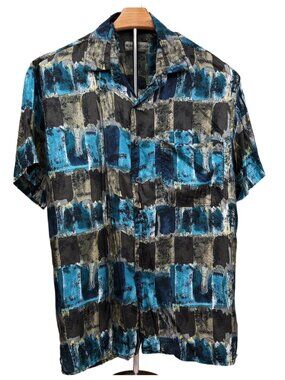 Robert Stock 100% Silk Short Sleeve Black Blue Top Button Down Flowy Blouse SM